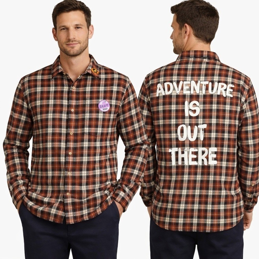 Disney Pixar Shirt Mens Large Up Adventure Is Out There Plaid Flannel Orange